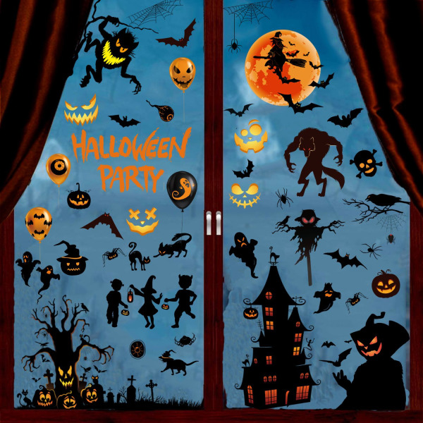9 ark 72 stk Halloween vinduesklistermærker, dobbeltsidet skræmmende aftageligt vinduesmærkat til Halloween festdekoration