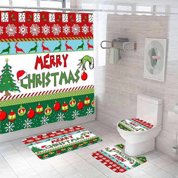 Stole Christmas Duschdraperi Set med 4 72x72 Tum Grinch 3 med halkfri matta, toalettlock och badmatta, vinterjul badrumsdekor