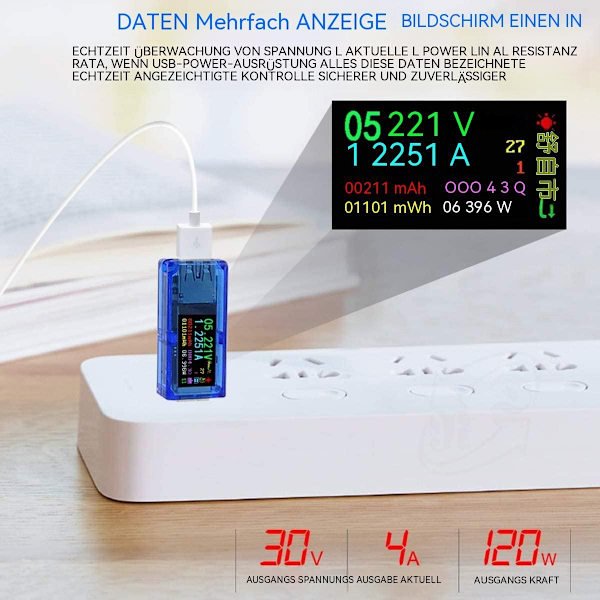USB 3,0 Tester Multimeter 3,7-30V 0-4A USB Spannungsprüfer AT34 KLB