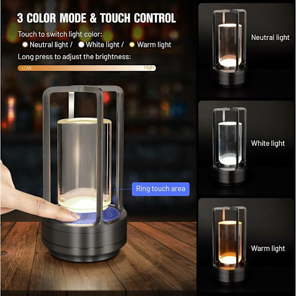 Färger Sladdlös Uppladdningsbar LED-skrivbordslampa med Touch Control - Dekorativ Bärbar Sänglampa för Sovrum, Vardagsrum och Kontor (Silver) KLB