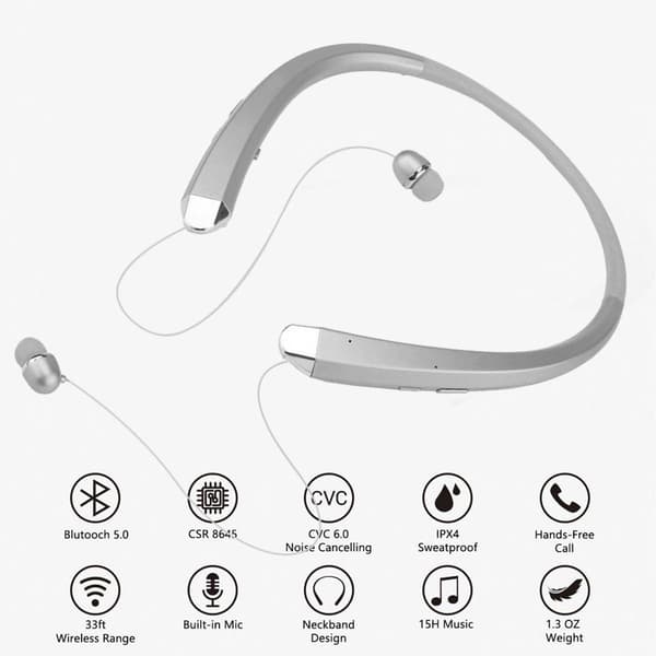 Bluetooth-hovedtelefoner, trådløst nakkebåndsheadset med sølv