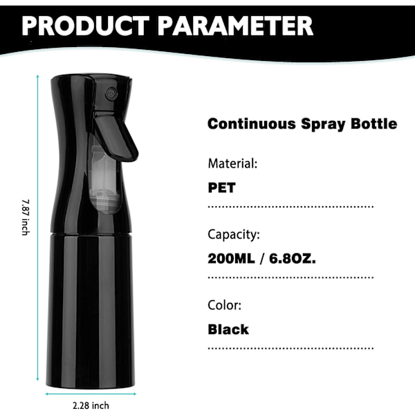 200 ml kontinuerlig sprayflaska (2-pack svart), hårsprayflaska, fin dimma vattensprayflaska för salonger, frisör, växter, hudvård, rengöring