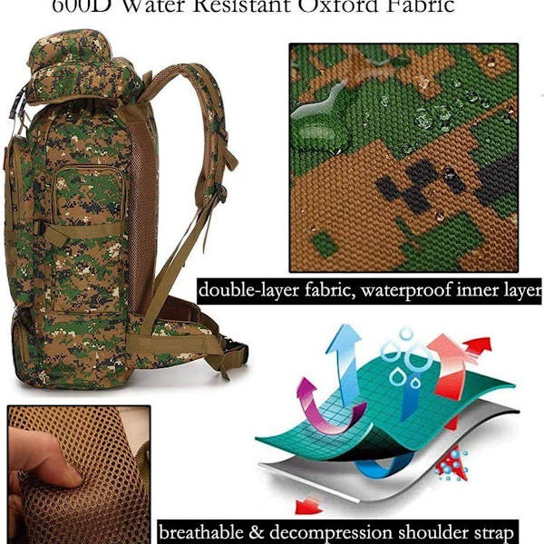 Stor 80L Vandringsryggsäck Militär Armé Ryggsäck Vattentät Taktisk Ryggsäckar