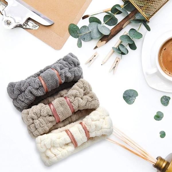 (Vit, Grå, Khaki) 4-pack Mikrofiber Hudvård Spa Hårband, Ansiktsrengörings Hårband för Kvinnor