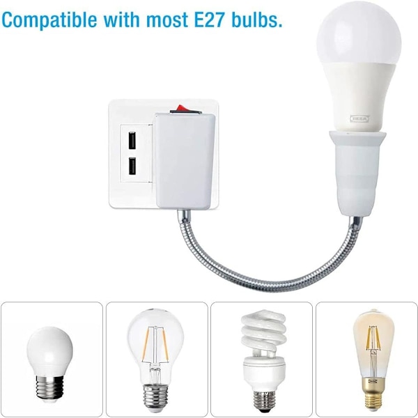 E27-lampeholder med bryter (EU-plugg), leselampe med fleksibel hals,