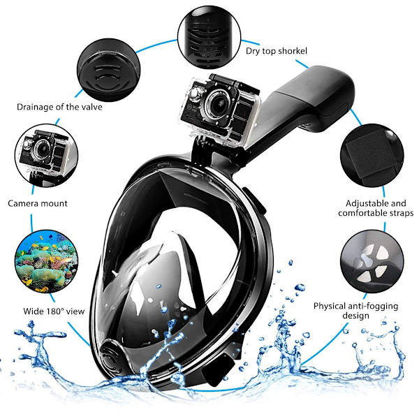 Snorklemaske, 180° full face dykkermaske, dykkerbriller