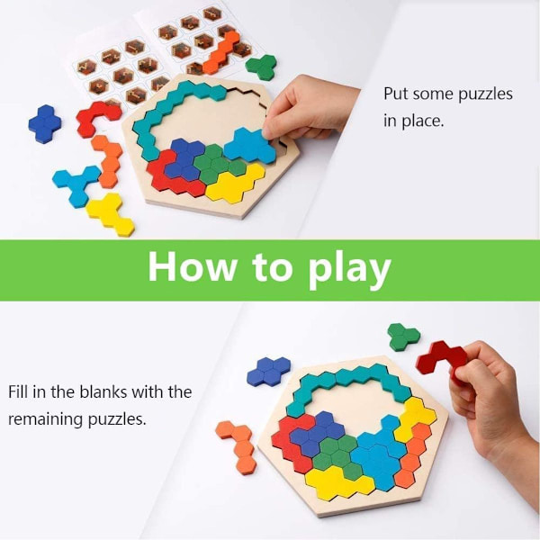 Tangram-pussel, tangram i trä för barn, hexagonala pussel, geometriska KLB