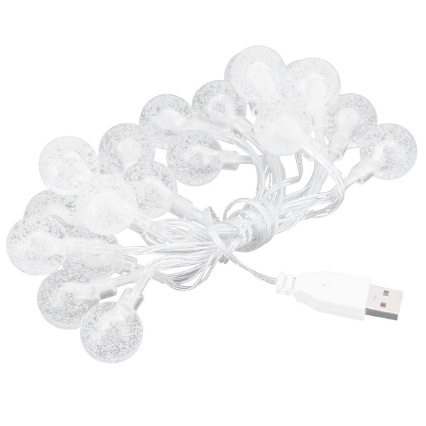 USB-lyskæde, 20 LED'er, krystalboble, sfærisk, dekorativ KLB