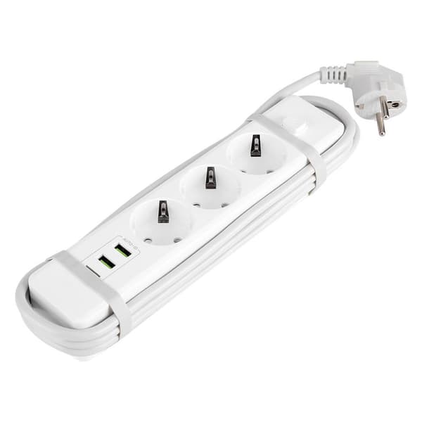 Smart USB-strømskinne med EU-plugg, 3 porter og 3 stikkontakter KLB