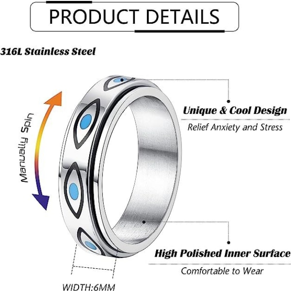Koko 49-62 Ruostumatonta terästä Spinner-rengas naisille ja miehille Fidget-rengas Moniväriset renkaat Demon Eye -rengas Häälupaussetti