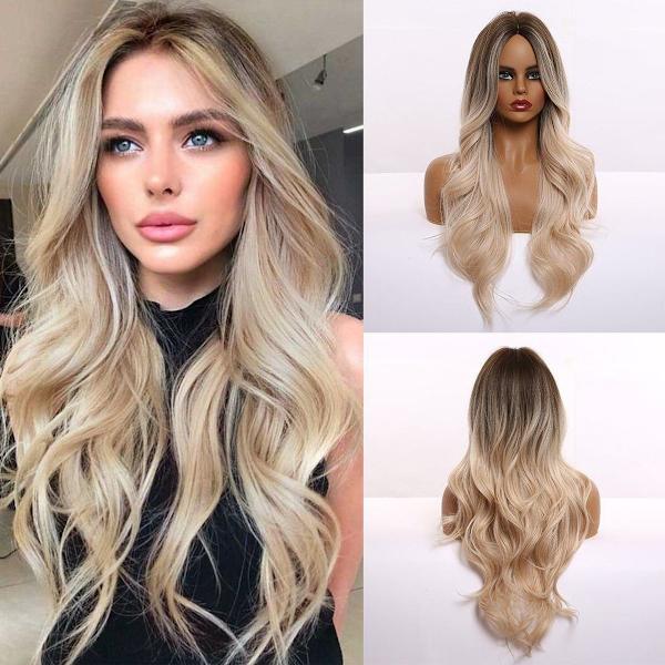 Brun blond gradient peruk hög temperatur silke långt lockigt hår