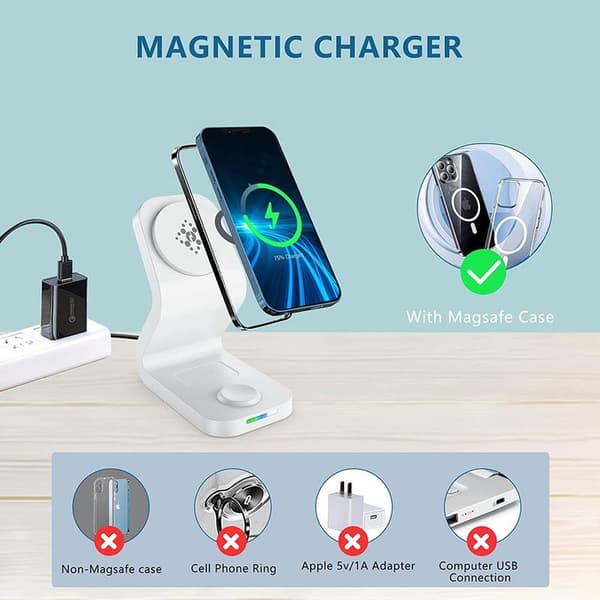 Magnetisk trådløs oplader, 3 i 1 15W trådløs oplader hvid