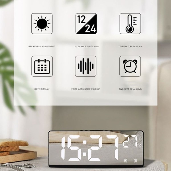 LED digital display, multifunksjonell elektronisk klokke, skrivebordstemperatur speil, vi