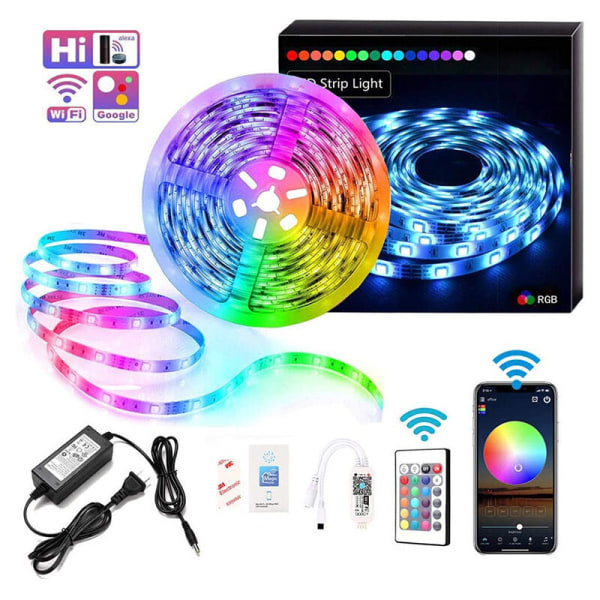 RGB LED-stripe, 5M, 300 LED-er, kontrollert av med 24-tasters WIFI-kontroller og selvklebende lysstripe for fest, hjem KLB