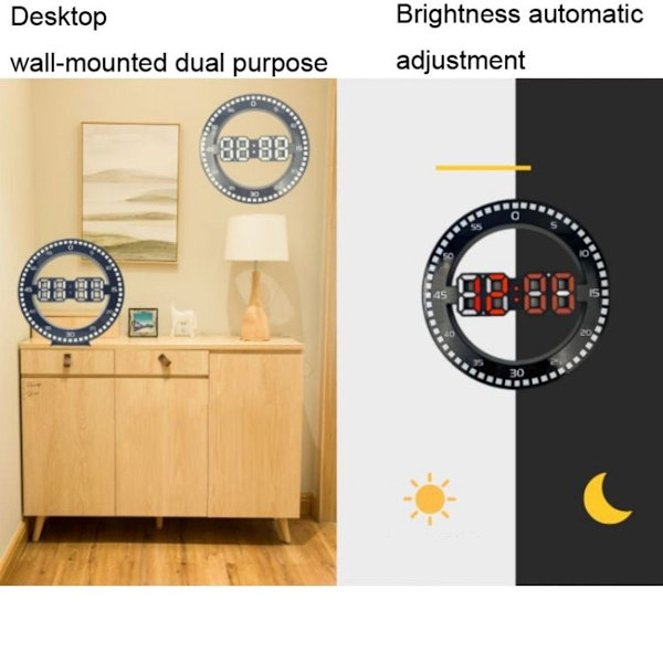3D veggklokke for stue - Stor skjerm elektronisk LED-klokke - Sekundlys