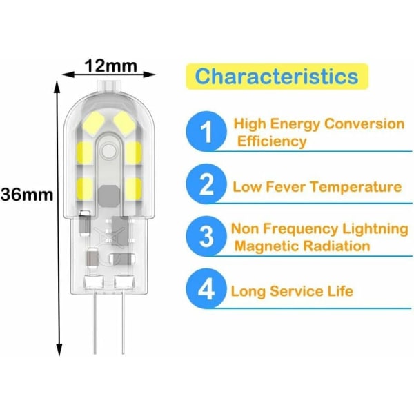 G4 2W LED-pære, 20W ækvivalent halogenpærer, kølig hvid 6000k, 200Lm, 12x SMD, 12V AC/DC-pakke med 10 [Energiklasse A+] KLB