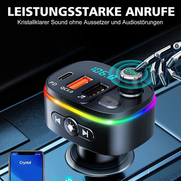 Bluetooth-adapter til bil, PD 18W & QC3.0 FM-sender til bil Bluetooth 5.0, 9 RGB