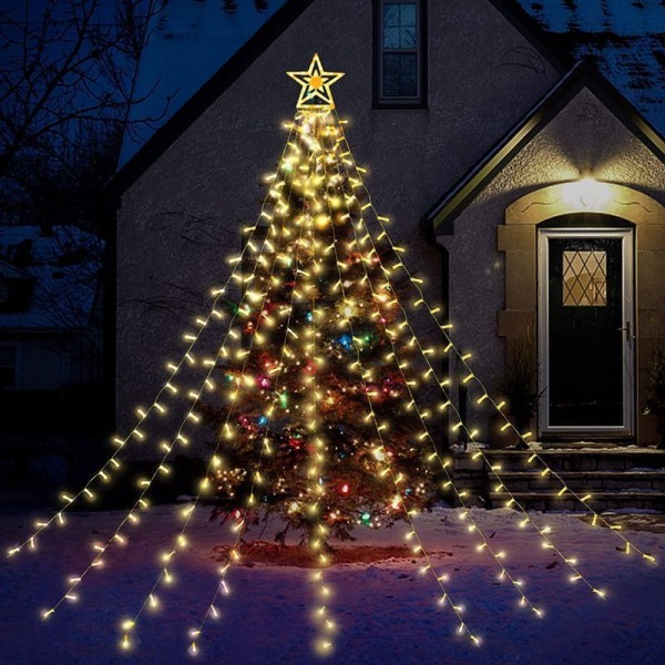350 LED juletræslyskrans med stjerne, 9*3,5 m hvidt juletræslysgardin, varm hvid udendørs og indendørs juledekoration
