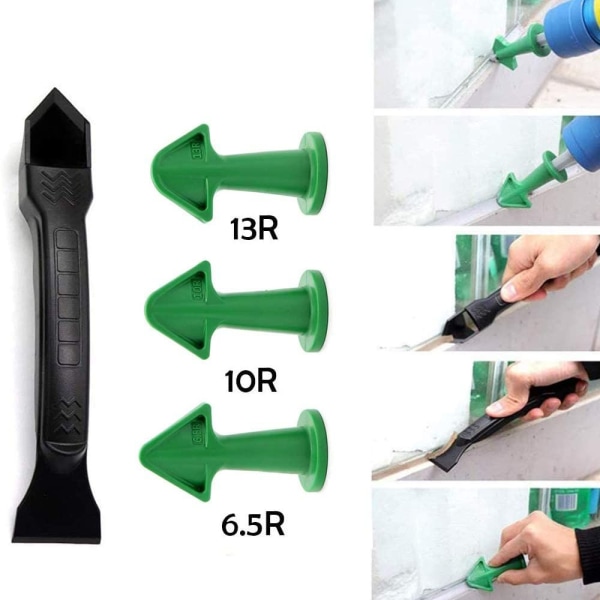 4 kpl uudelleenkäytettävää silikonitiivistys- ja kaavinsarja, sileämpi viimeistely tiivistykseen keittiön, kylpyhuoneen lattian kulmaan (vihreä 3 eri sädettä)