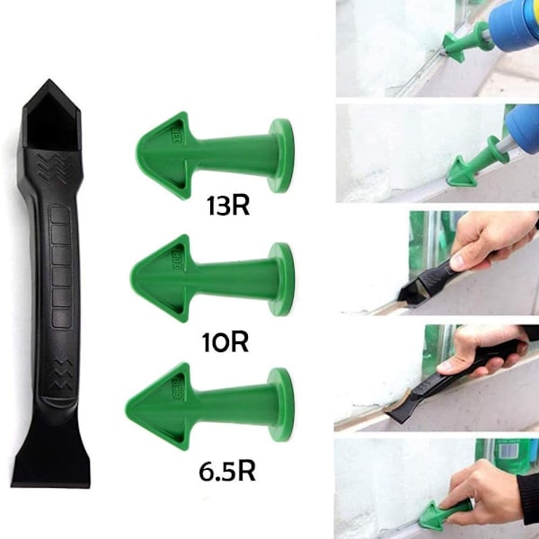 4 stk gjenbrukbare silikon fugemasse dyse og skrape sett glattere finish fugemasse for kjøkken bad gulv hjørne(Grønn 3 forskjellige radius)