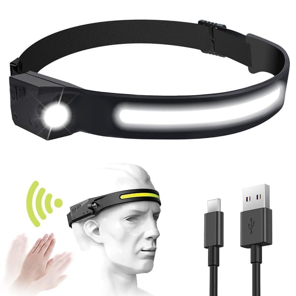 5-i-1 USB-oppladbar vanntett LED-hodelykt med løping, camping, kjøring