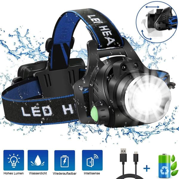 Hodelykt med bevegelsessensor, LED USB vanntett oppladbar superlys hodelykt KLB