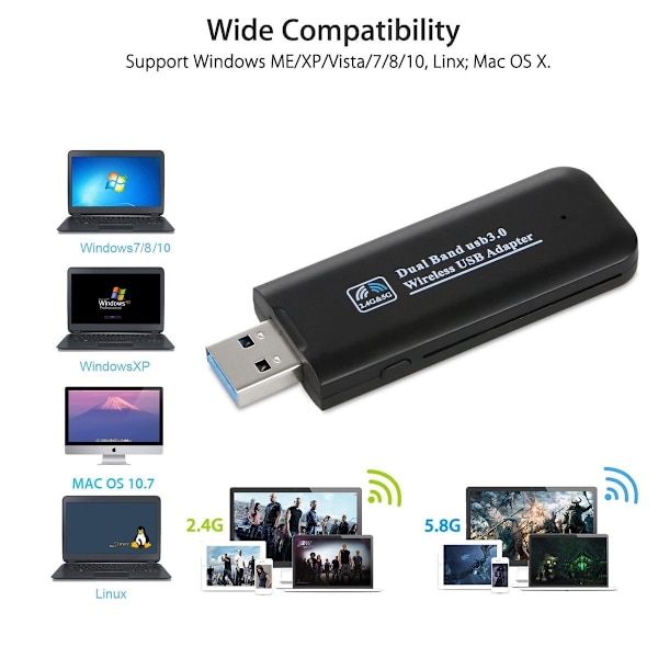 1200 Mbit/s trådløs USB WIFI-adapter 802.11AC dobbeltbånd 2,4 G og 5,8 G trådløs