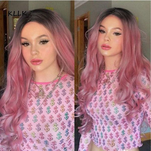 Lång lockig rosa gradient peruk för kvinnor