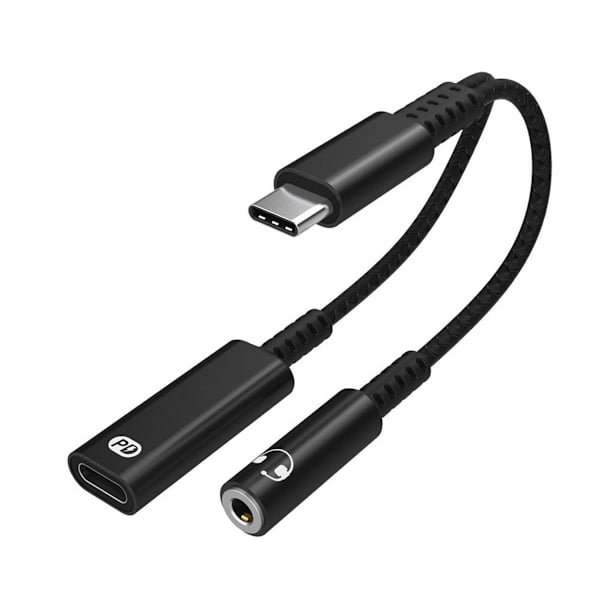 USB C til 3,5 mm hovedtelefon- og opladeradapter, 2 i 1 USB C sort