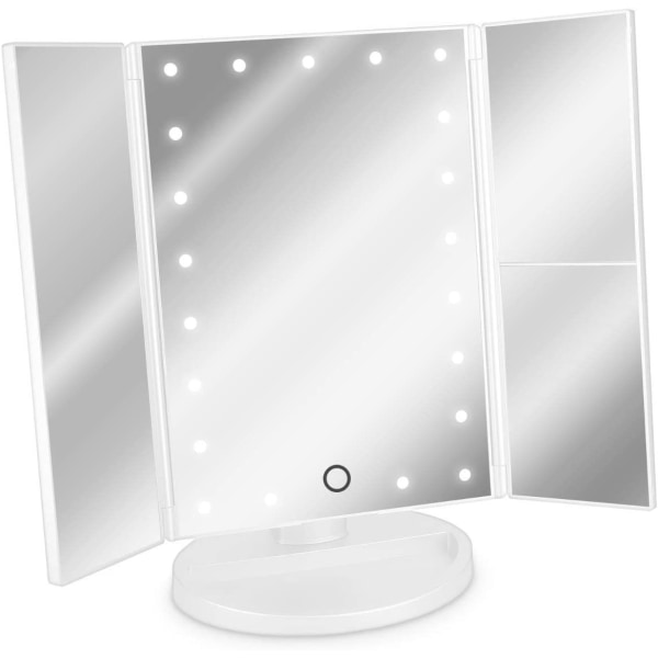 Navaris 3-sidig LED-upplyst spegel till stativ Vikbar triptyk sminkspegel på stativ med 2x3 förstoringseffekt-batteri eller USB-vit