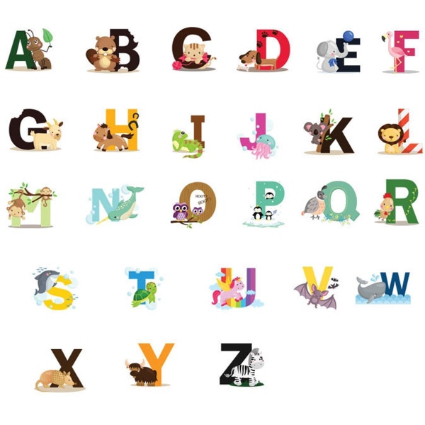 ABC-klistremerker, alfabet-klistremerker - dyrealfabet-veggklistremerker - veggbokstavklistremerker KLB
