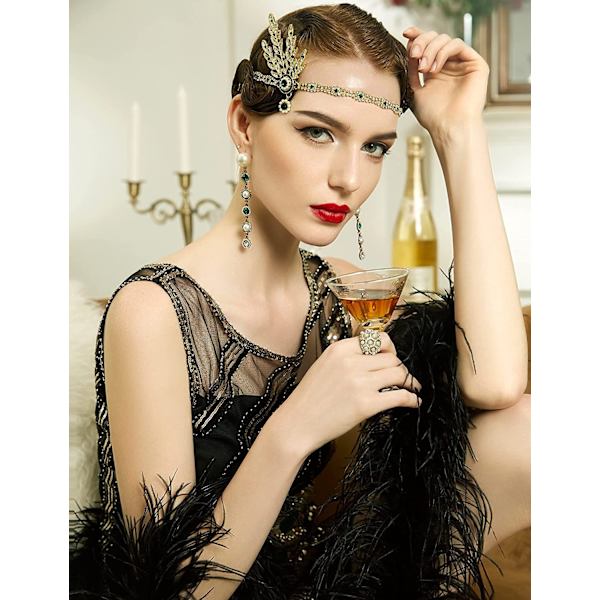 1920-talls tilbehør pannebånd kostyme Flapper Fancy Dress Crystal pannebånd Gatsby pannebånd 1920-talls kunstinspirerte pannebånd bladkrone perle(grønn)