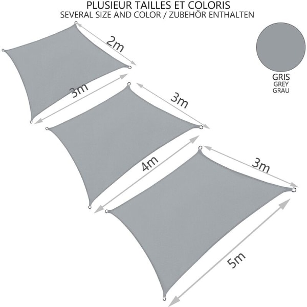 Rektangulær skygge seil vanntett UV-beskyttelse 95% i motstandsdyktig og pustende polyester for hage terrasse med tau 3x2m grå KLB