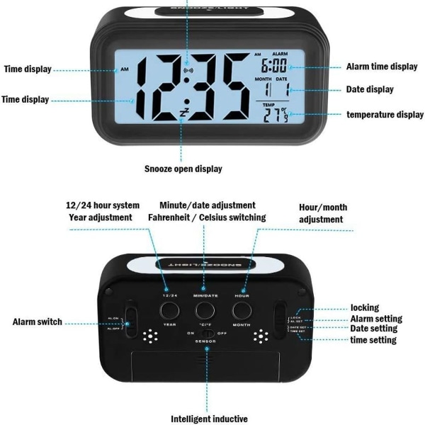 Digital väckarklocka, digital elektronisk väckarklocka med datumvisning, batteridriven
