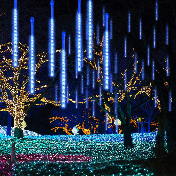 Meteordusj 30 cm, 8 vanntette transparente lysstrengrør, 288 lysdioder Meteordusjlys til jul utendørs hagetredekorasjon (blå)