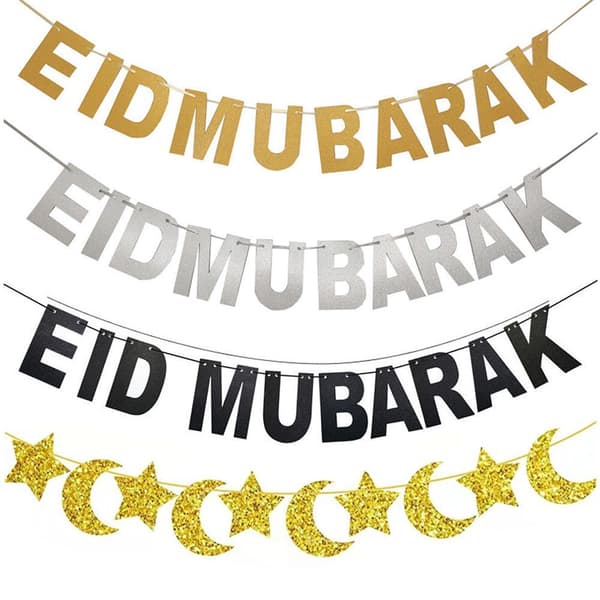 4 delar Eid Mubarak banderoll set, guldglittrande Eid banderoll och måne stjärnor