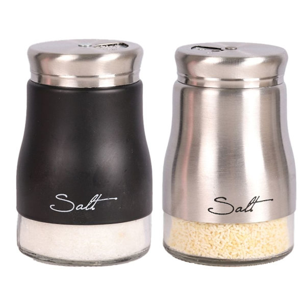 Salt- og pebersæt til køkkenindretning, glas, salt og sølv + sort