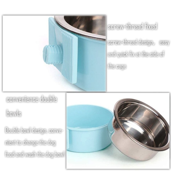 Hundeskål, avtakbar hengende mat i rustfritt stål og vannskål for blå