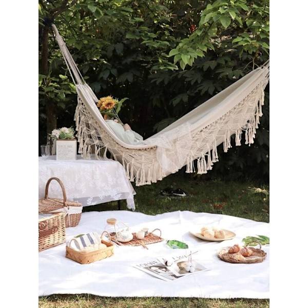 Mjuk bomullsträdgårdshängmatta med ryggsäck, idealisk för trädgård, veranda, resor, camping - Beige KLB