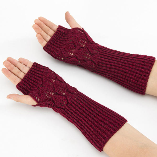 Dam Knittade Jacquard Löv Cykling Varma Öppna Finger Halvfinger Typi Jujube Röd KLB