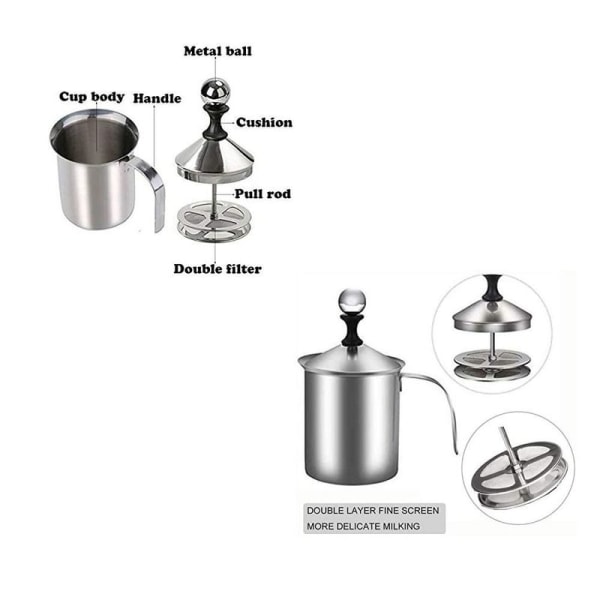 Wuudi melkeskummer manuell, 800 ml melkeskummer rustfritt stål med dobbel