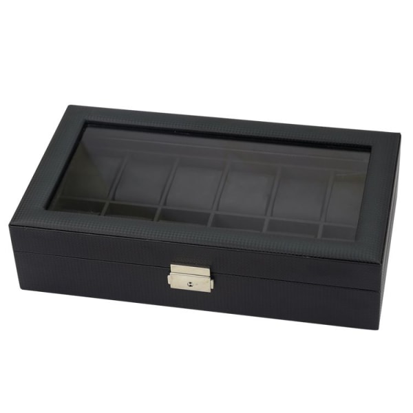 Klocklåda med 10 fack, klockfodral med glaslock, klockdisplaylåda med avtagbara klockkuddar, metallspänne, presentidé, svart PU-läder