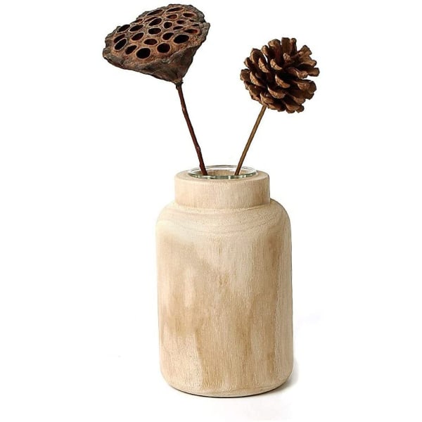 Rustik trævase, dekorativ vase lavet af naturligt træ med glas