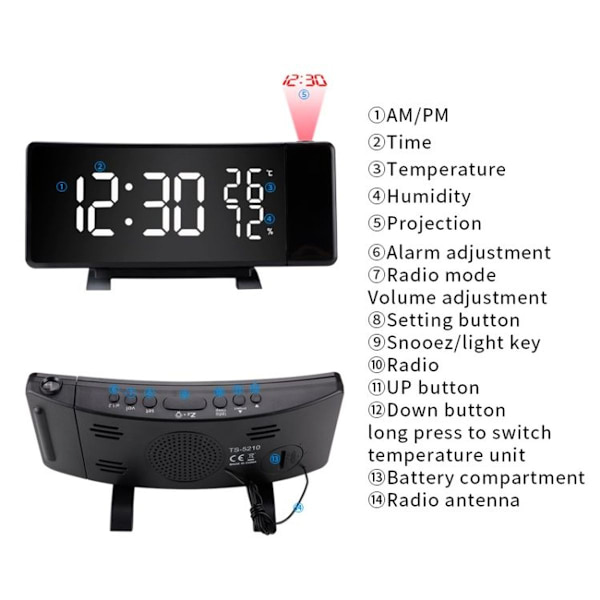 Trefärgad projektor klockradio, USB digital väckarklocka, termometer och hygrometer
