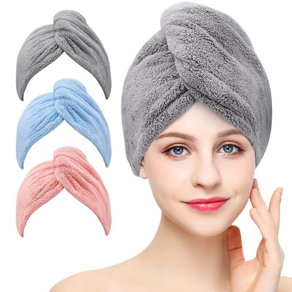 3-pack (grå, rosa, blå) mikrofiberhårhandduk, superabsorberande, snabbtorkande, twistturban med knappar, badögla, fäst hatt för salongstorkning av hår