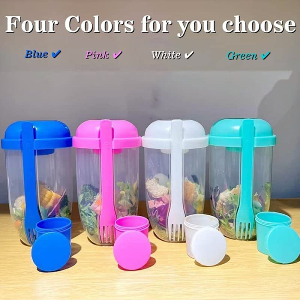 Hvit Frisk Salatbeholdersett for å Ta Med, Hold deg i Form Salat Shaker Cup med Gaffel og Dressingholder, Sunn Salatbeholder, Grønnsaksfrokost for å Ta Med, F