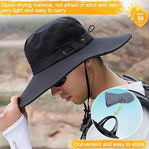 UV-suojattu aurinkohattu UPF 50+ ulkokalastushattu leveäreunainen cap , hengittävä nopeasti kuivuva retkeilyretkeilyyn pyöräilyyn - musta