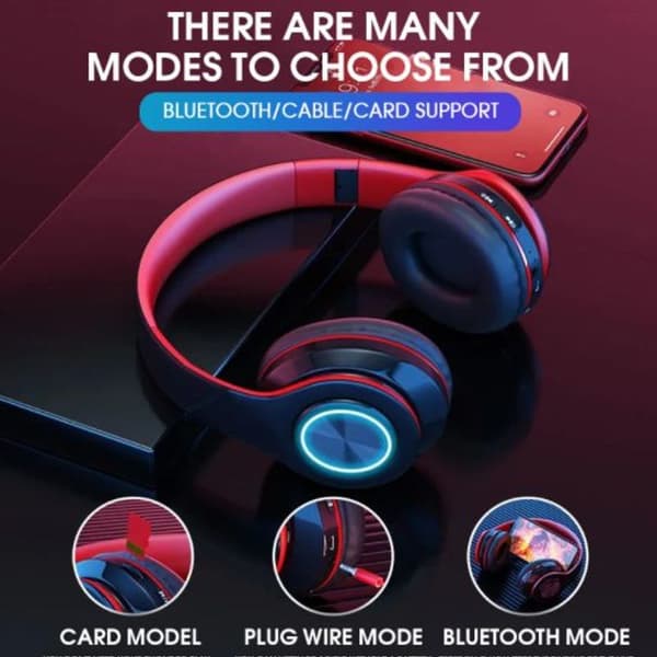 Bluetooth over-ear hörlurar, stereo djup bas, mjuk svart röd