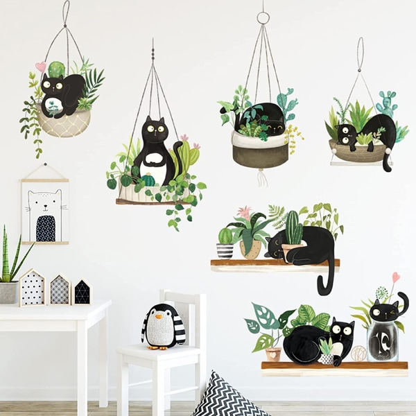 Grønne potteplanter Kaktus-vægklistermærker Søde sorte katte-klistermærker, Gør-det-selv-vægklistermærker Tropiske plantevægmalerier, Naturblomster Stic-