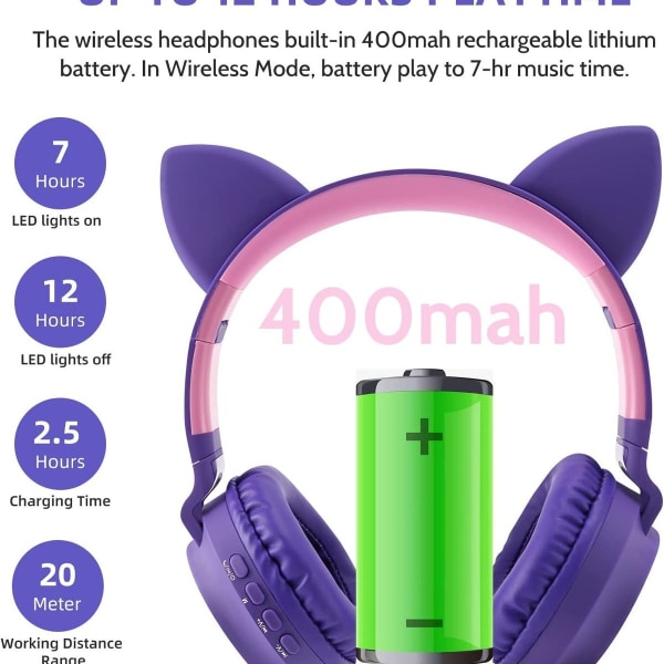 Bluetooth-hodetelefoner Katteører LED-lys Trådløs sammenleggbar Lilla Rosa